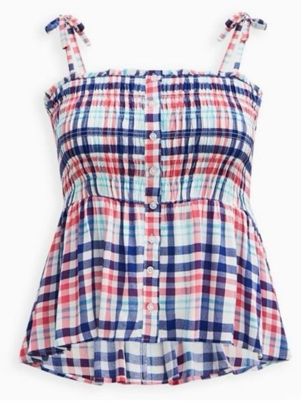 torrid Pink & Blue Plaid Tie-Shoulder Smocked Peplum Tank 🌺